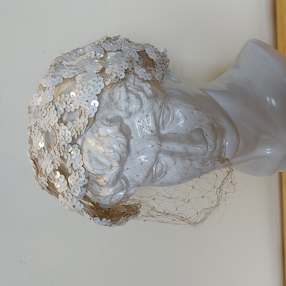 Unknown Accessories - Vintage Sequin Headband w/ Netting Veil. Pearlesque Sheen.
